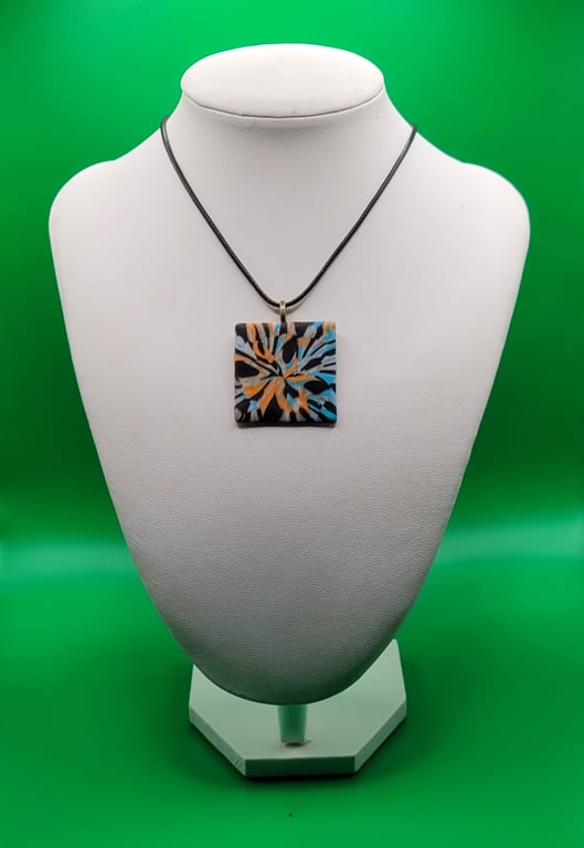 Handmade Square Polymer Clay Pendant Necklace, Colorful Geometric Artisan Jewell