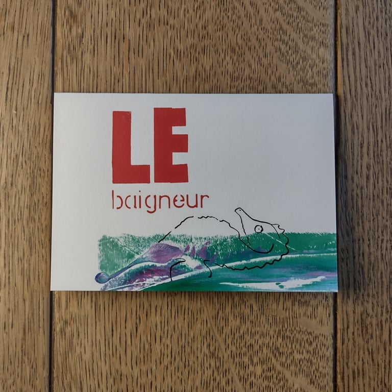 Le baigneur. Image made using mono-printing, handmade stamp work and stenciling