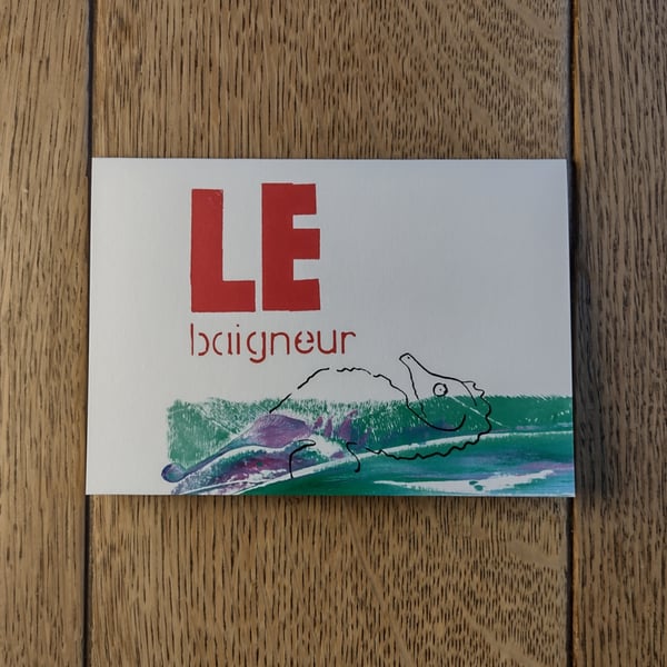 Le baigneur. Image made using mono-printing, handmade stamp work and stenciling