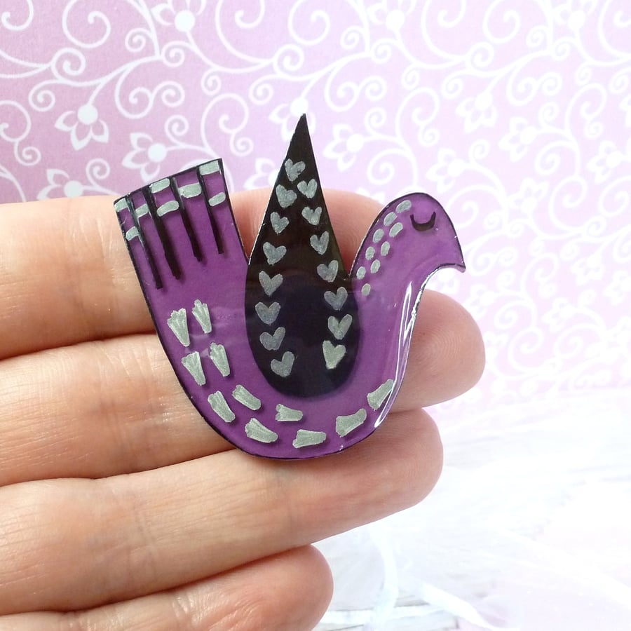 Purple Bird Brooch. Handmade purple folk art bird jacket pin