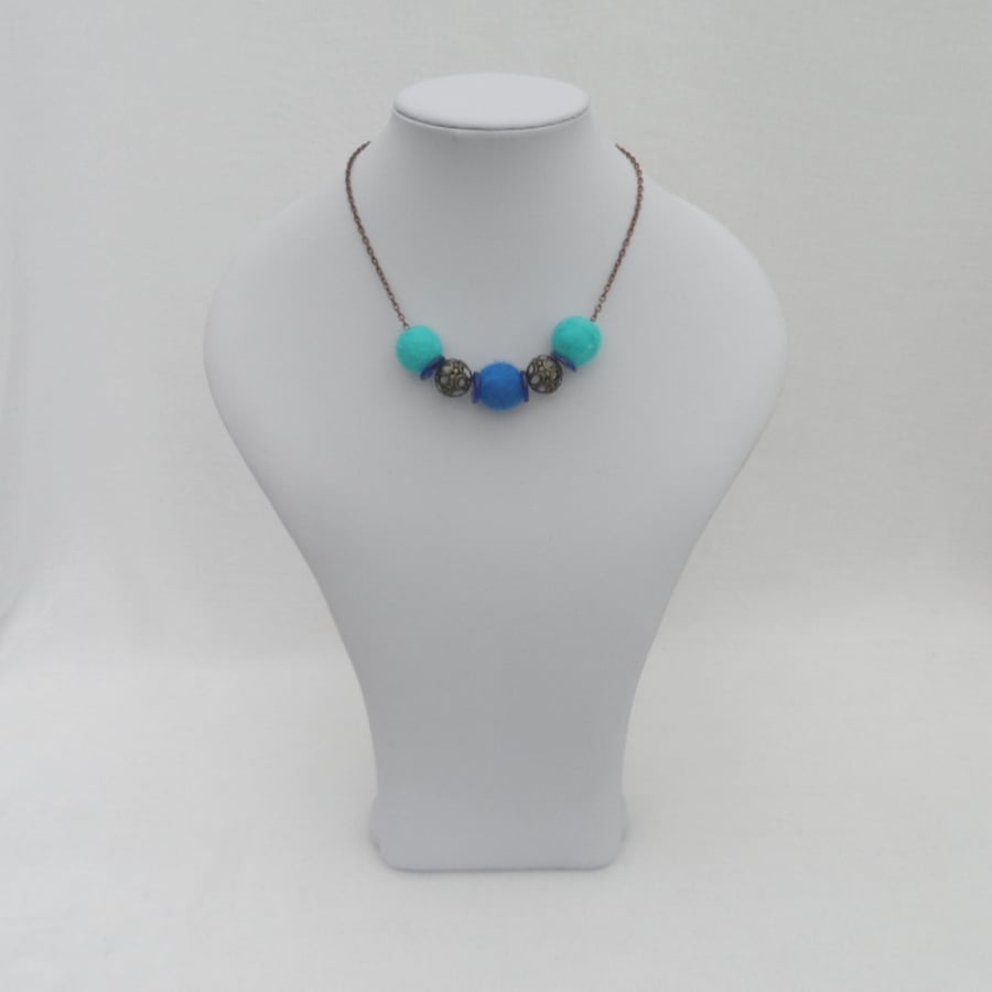 Modern felt, bead and button necklace, blue - REDUCED