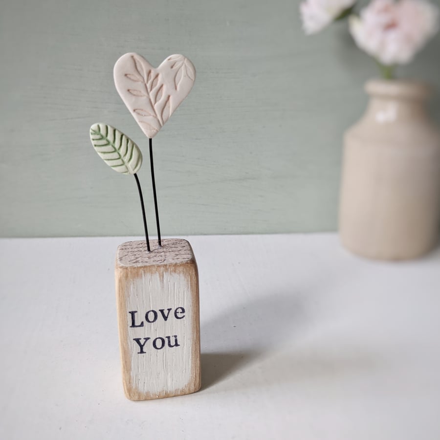 Clay Heart and Leaf in a Printed Wood Block 'Love You'