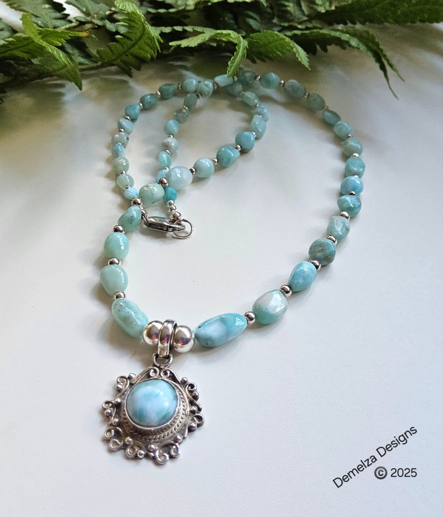 Designer Luxury Larimar Sterling Silver Necklace 