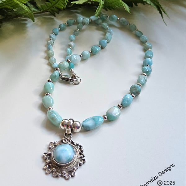 Designer Luxury Larimar Sterling Silver Necklace 