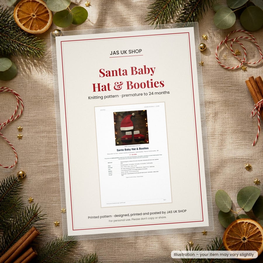 Printed Santa Baby Hat & Booties Knitting Pattern, Prem to 24 Months, DK