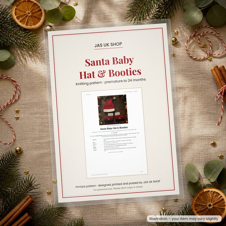 Printed Santa Baby Hat & Booties Knitting Pattern, Prem to 24 Months, DK