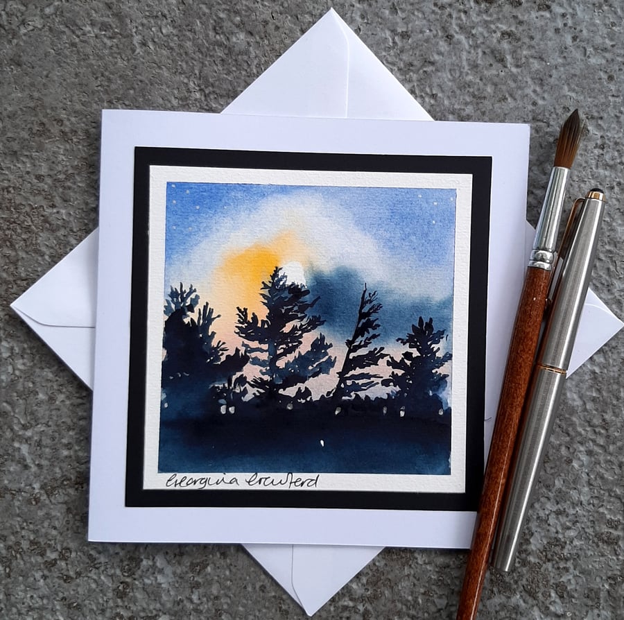 Blank Handpainted Card. Moon and Trees. The Card That's Also A Keepsake