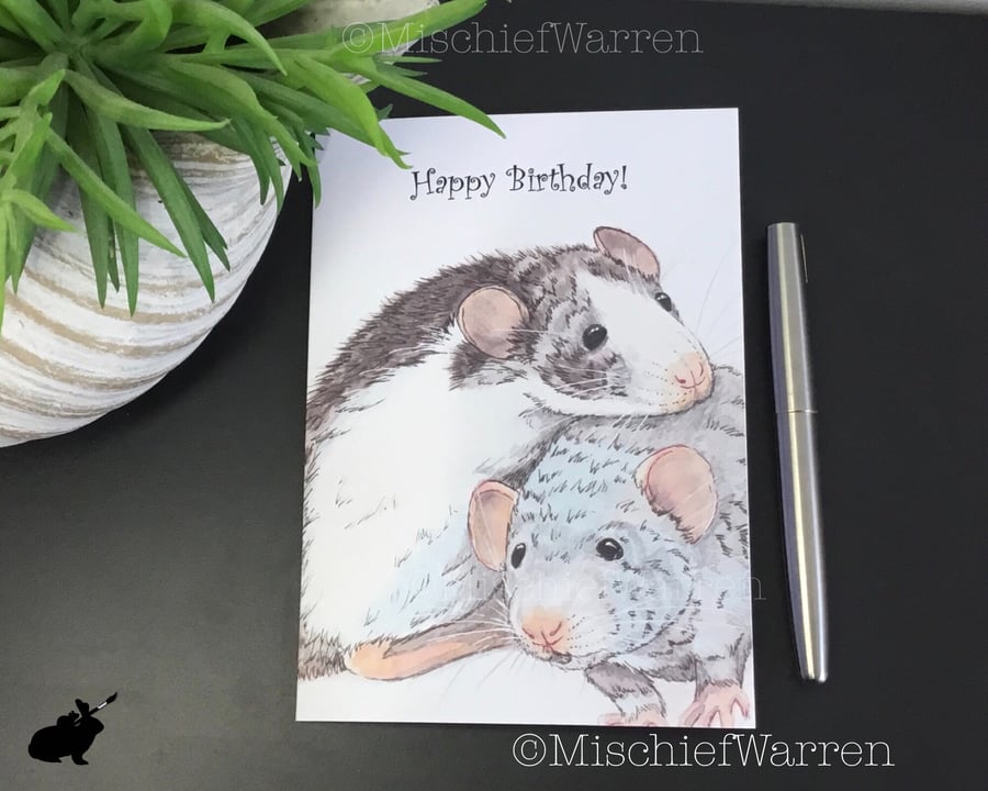 Rats Art Card. Blank or personalised for any occasion. Rat birthday card.