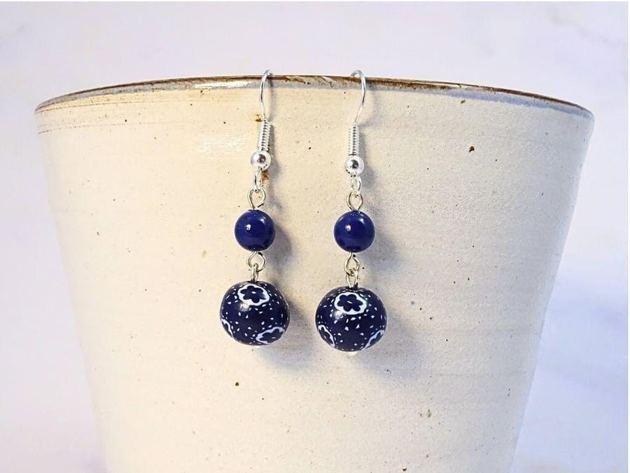 Dark Blue and White Beaded Drop Earrings, Navy Earrings, Flower Pattern 
