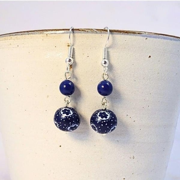 Dark Blue and White Beaded Drop Earrings, Navy Earrings, Flower Pattern 