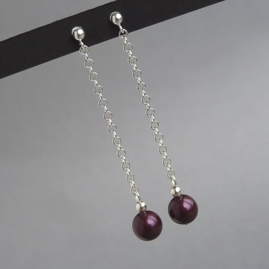 Long Plum Drop Earrings - Aubergine Pearl Dangle Earrings - Bridesmaid Jewellery
