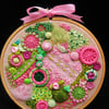 Mixed Media Collage in Embroidery Hoop in Pinks and Greens
