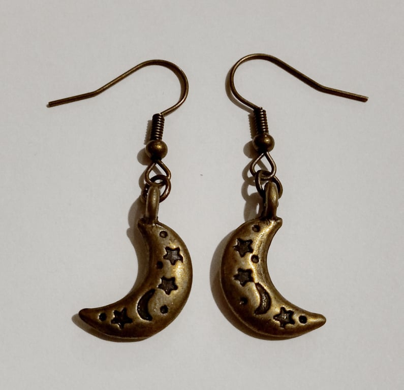 Bronze Stars Moon New Age Celestial Earrings 