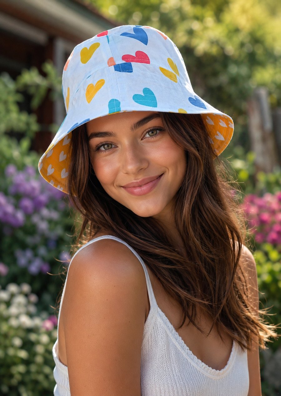 Bucket hat love hearts sun hat upcycled reversable summer festival hat