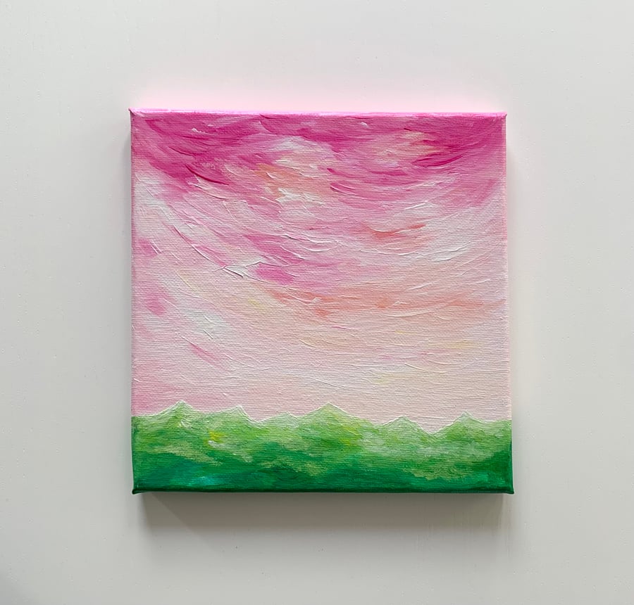 Original acrylic abstract landscape painting with magenta and pink skies