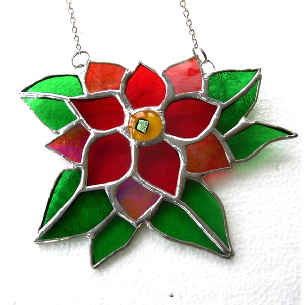 Poinsettia Stained Glass Suncatcher Red Christmas Flower Gift