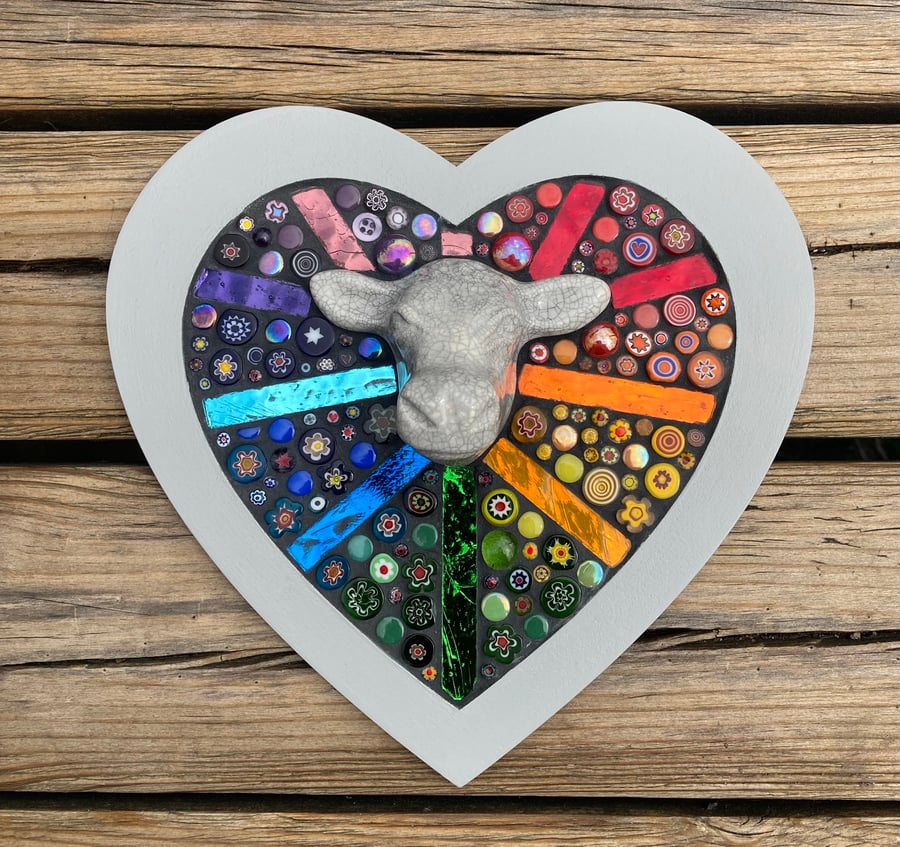 Bright rainbow mosaic heart with ceramic cow head