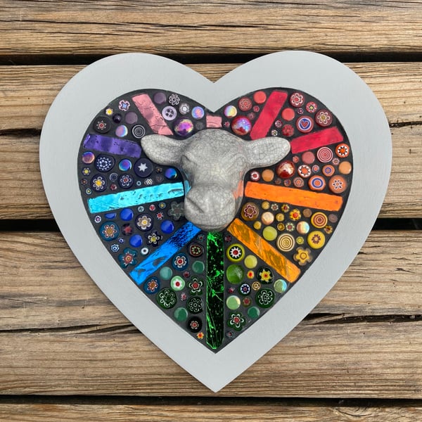 Bright rainbow mosaic heart with ceramic cow head