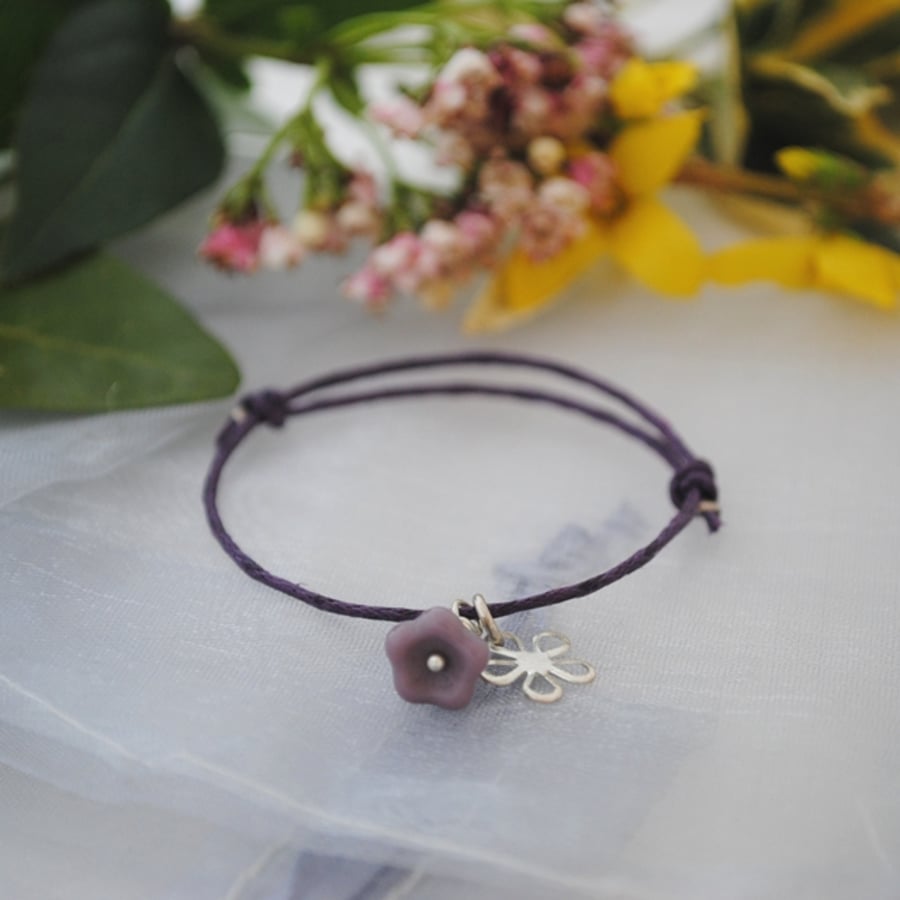 Friendship Bracelet-Purple with purple and silver flower