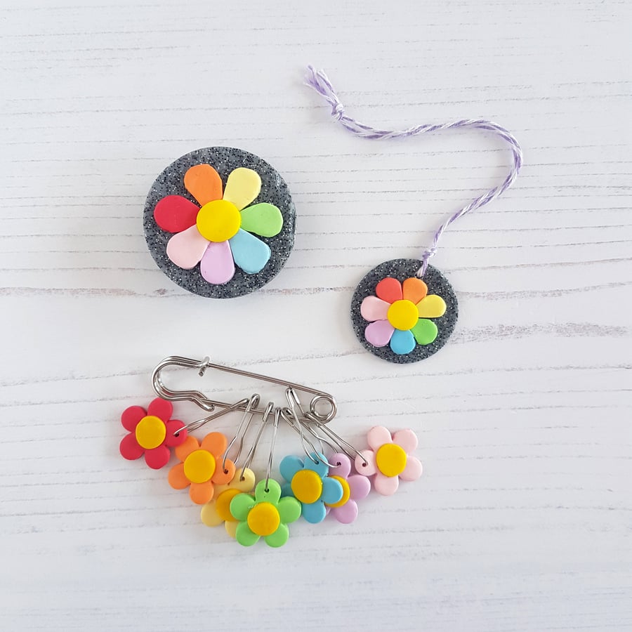 Rainbow flowers set - Stitch markers, Needle minder and Scissor Fob
