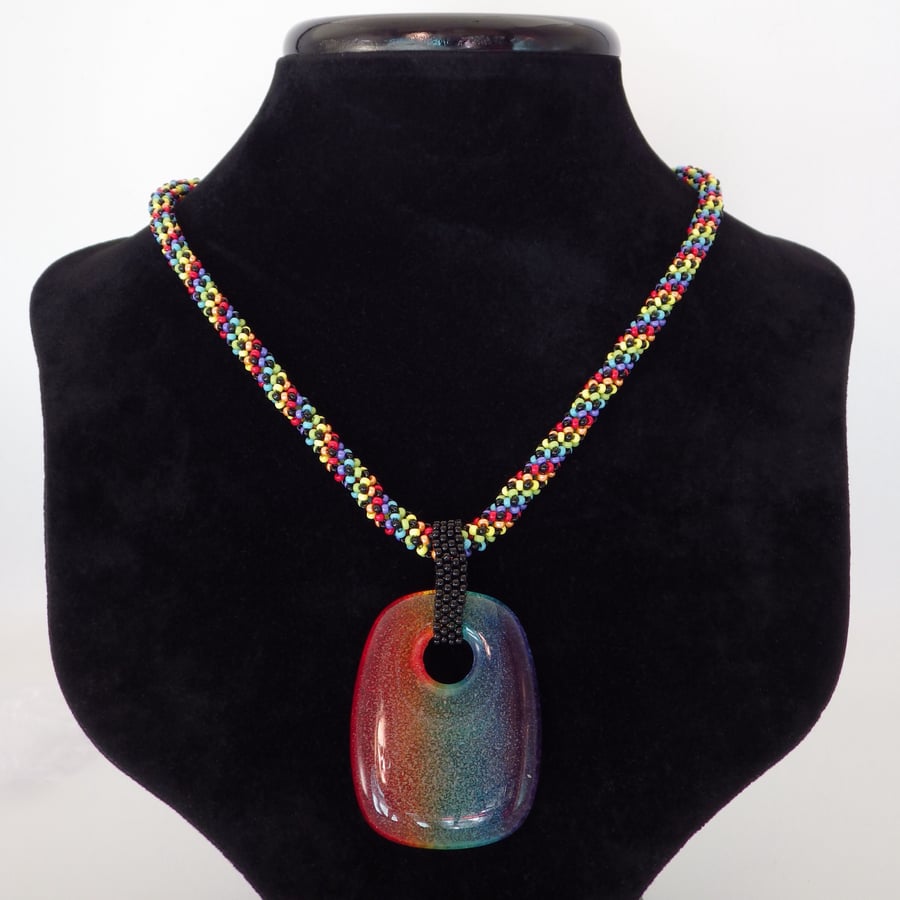 Rainbow beadwoven necklace with fused glass pendant