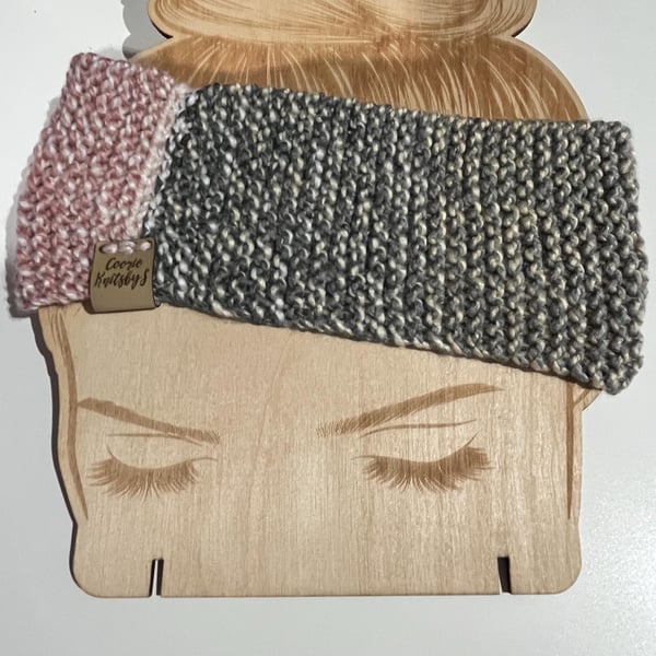 Grey and soft pink ear warmer head warmer 50cms 