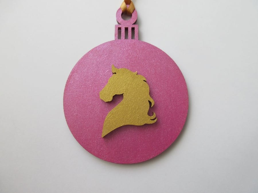 Horse Christmas Tree Bauble Decoration Pink and Gold
