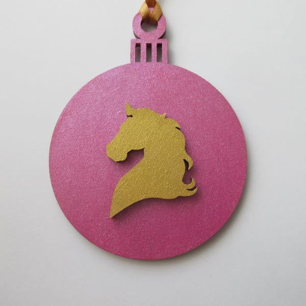Horse Christmas Tree Bauble Decoration Pink and Gold