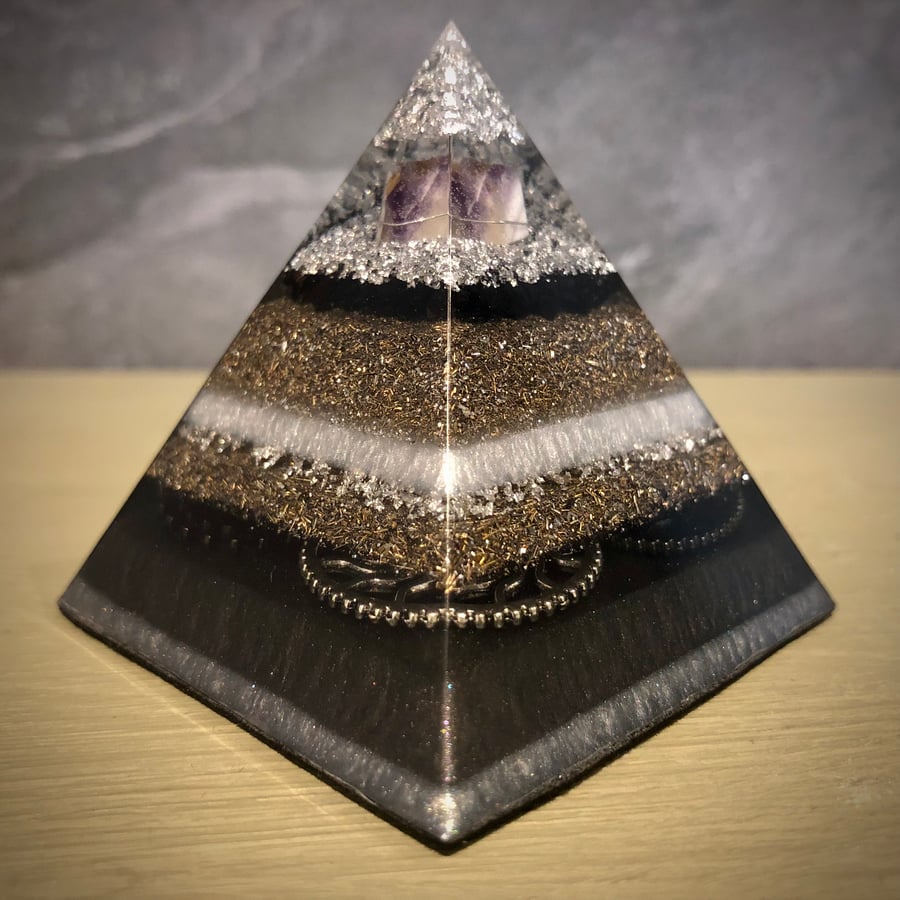 Amethyst Quartz and Black Tourmaline Crystal Energy Pyramid