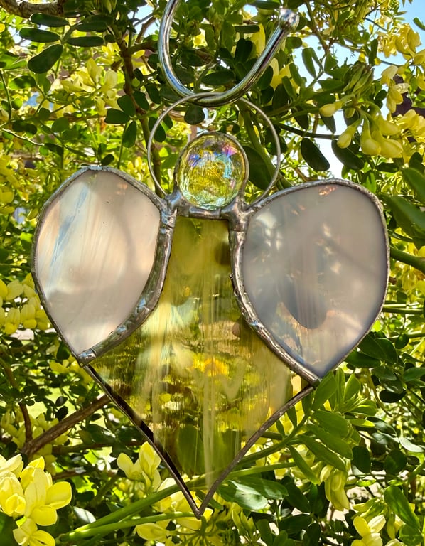 Stained Glass Heart Angel - Soft yellow and white wispy glass