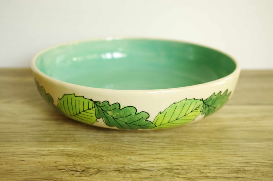 Pasta Bowl - Green Beech and Oak Leaves, Turquoise