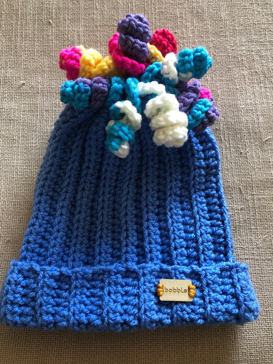 Blue adult spiral bobble winter hat ooak