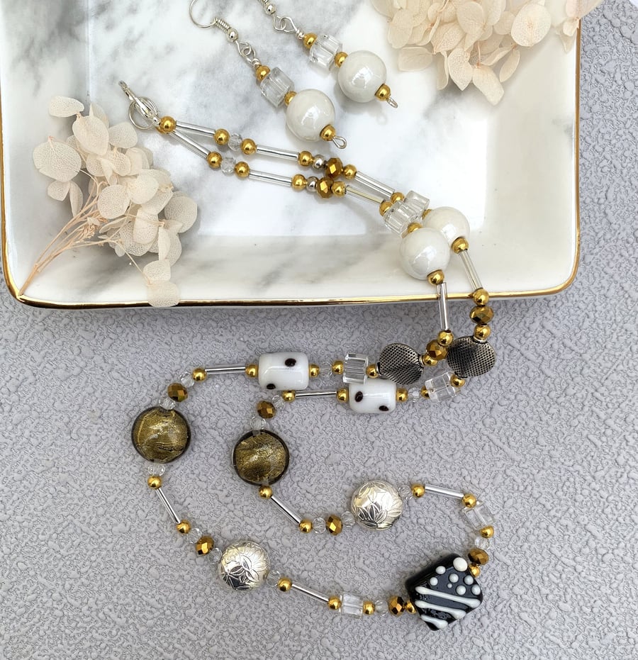 Boho Lampwork Glass and Porcelain Bead Necklace Set