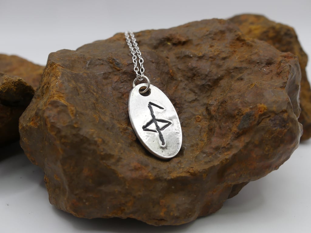 Recycled Sterling Silver Health Bind Rune Pendant Necklace.