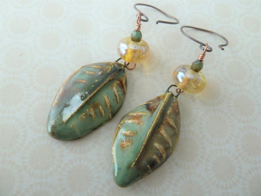 lampwork yellow and green leaf earrings