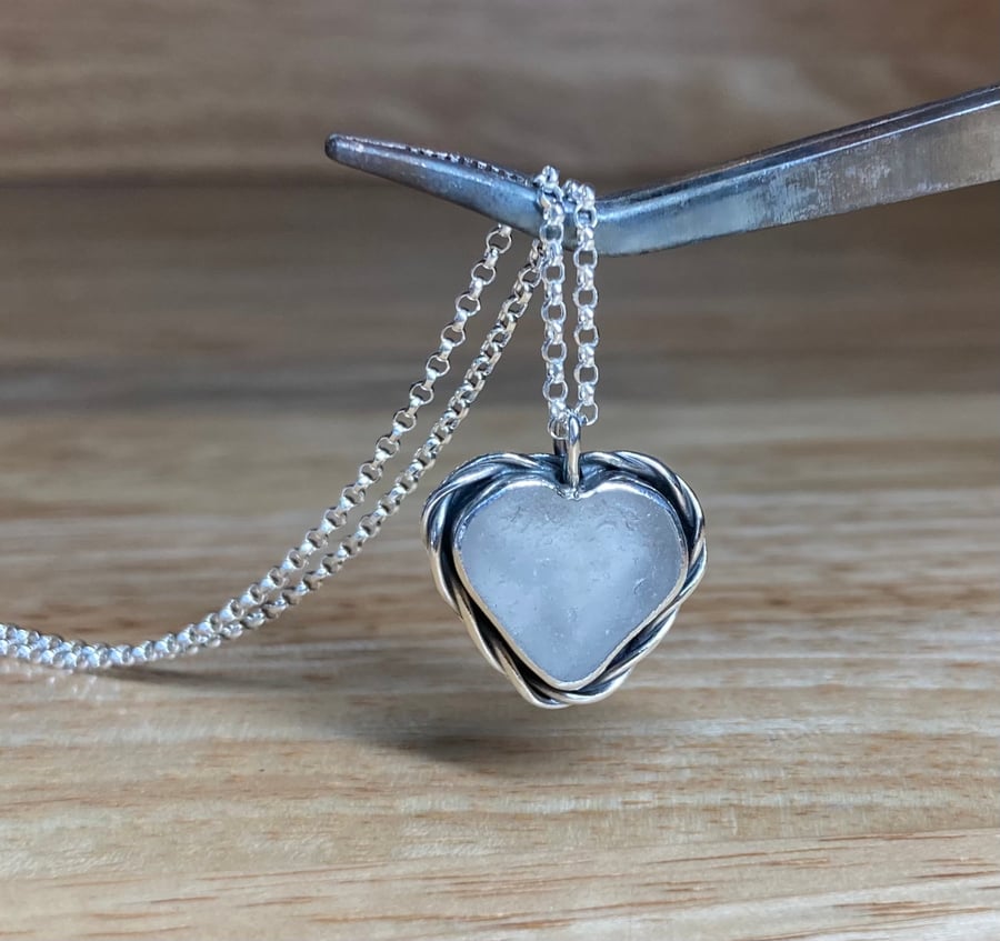 Handmade beige grey welsh sea glass & silver heart pendant & silver chain