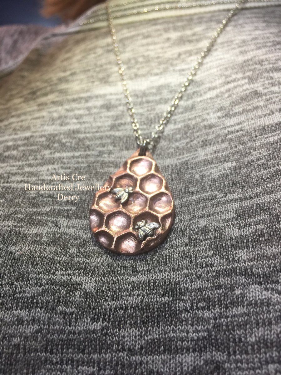 Hand crafted Drop of Honey pendant silver bumblebee copper honeycomb