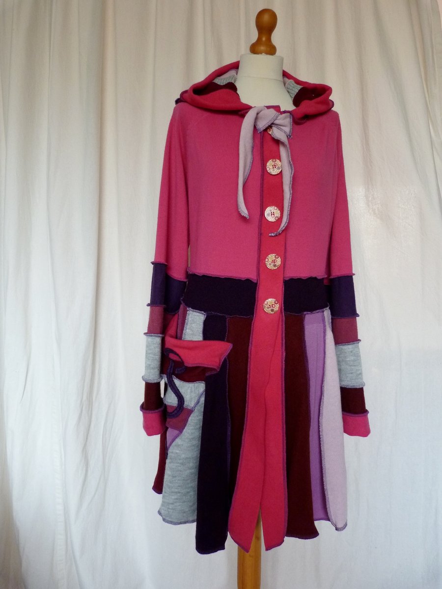 Clearance Sale. Upcycled Sweater Coat in Pink  Purple and Grey with Hood
