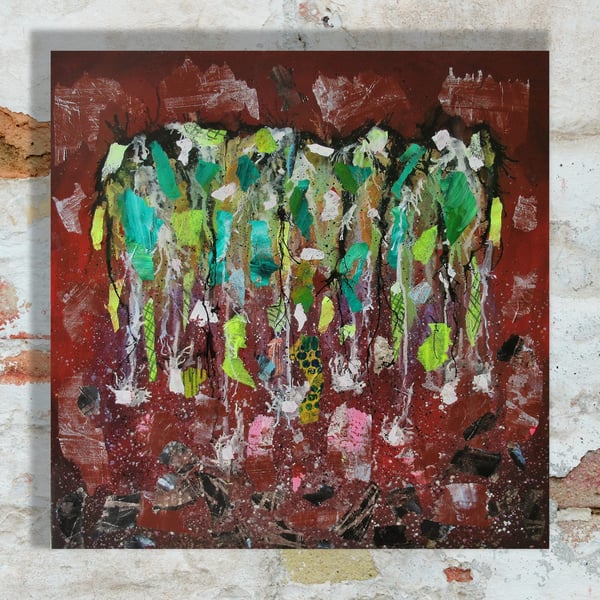 Abstract Painting Green Brown 60x60cm Acrylic Ink Collage Large Modern Fine Art