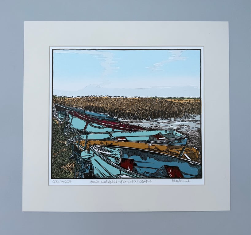 Boats and Reeds- Brancaster Staithe- Linocut Print