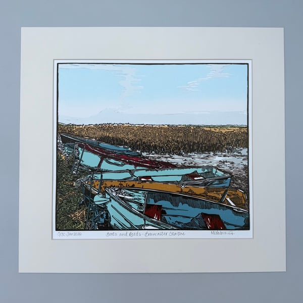 Boats and Reeds- Brancaster Staithe- Linocut Print