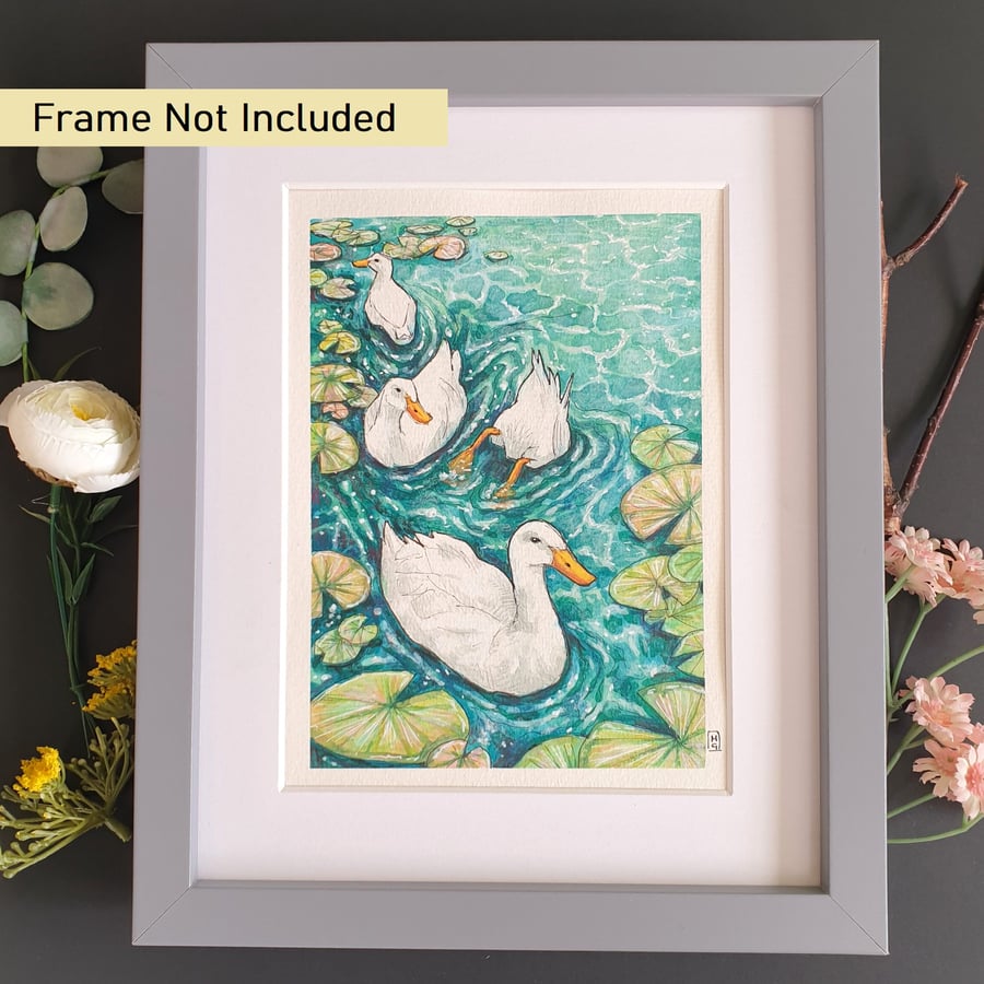 White ducks on a lily pond, watercolour and mixed media original artwork