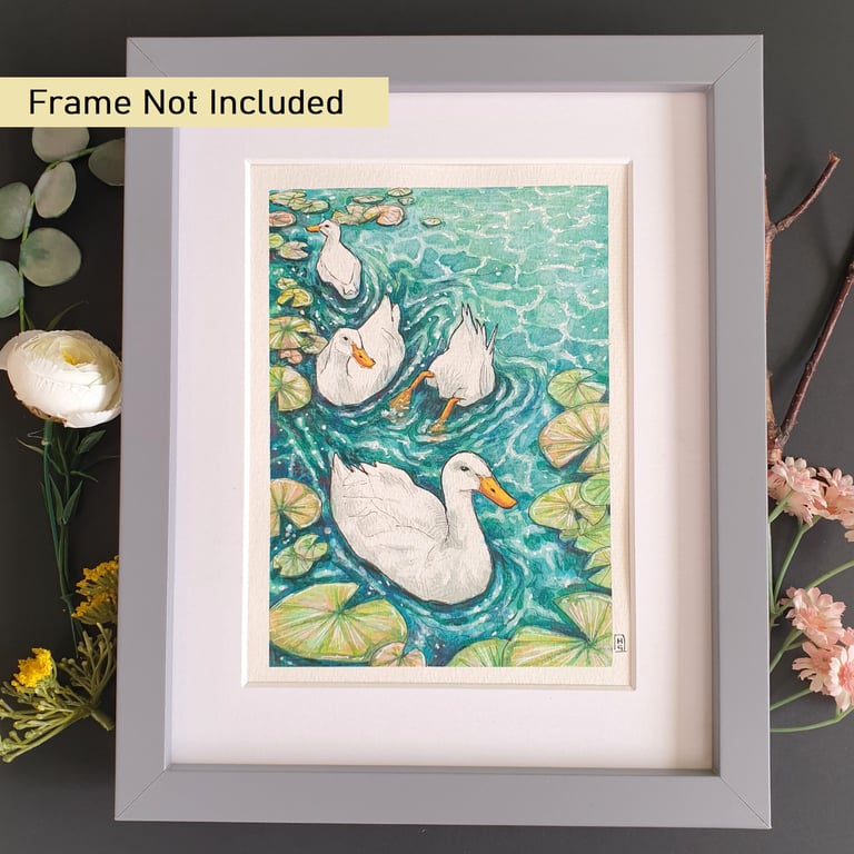 White ducks on a lily pond, watercolour and mixed media original artwork