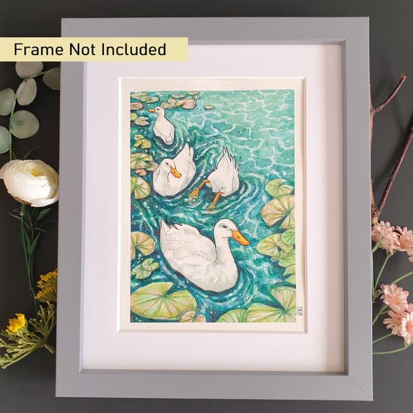 White ducks on a lily pond, watercolour and mixed media original artwork