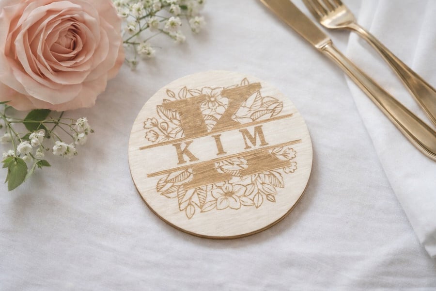 Personalised Wedding Name Place Coasters, Wooden Wedding Favours, Custom Table P