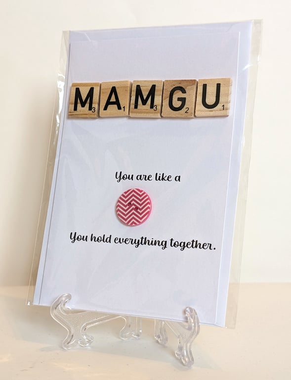 Mamgu You're like a button Scrabble greetings card Welsh