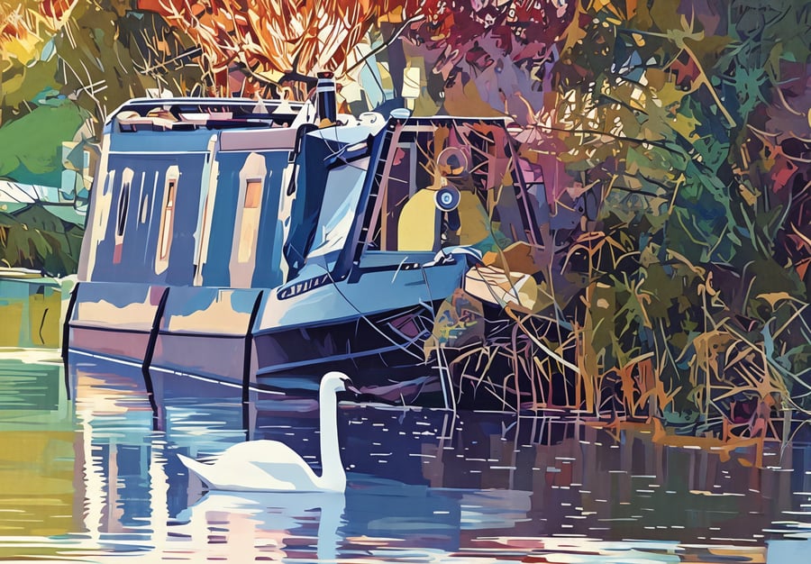 Swan & Narrow Boat On Fens Greeting Card A5