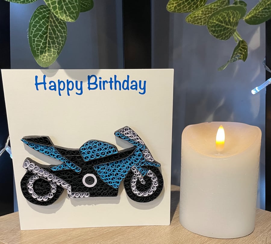 Handmade quilled motorcycle green, blue, red,  card