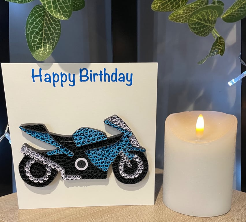 Handmade quilled motorcycle green, blue, red,  card
