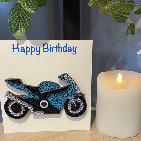 Handmade quilled motorcycle green, blue, red,  card